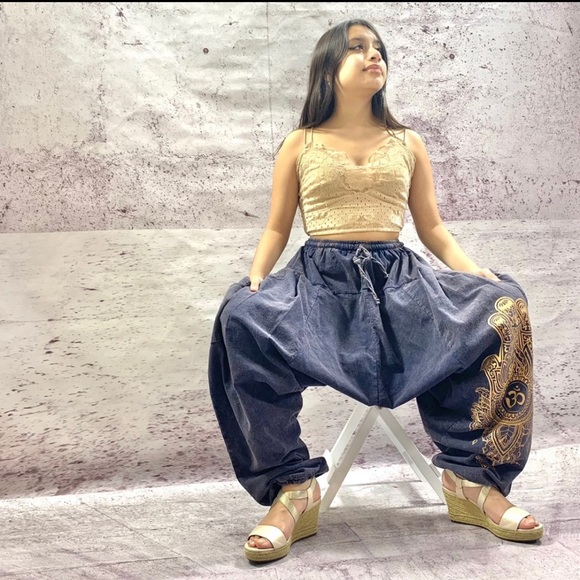 Handmade stonewashed Ohm Print Harem Pants Navy - Picture 4 of 7